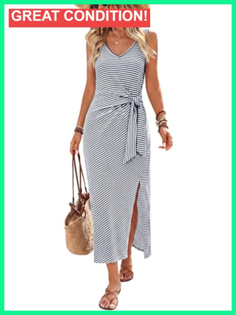 V Neck Sleeveless Tie Waist Midi Dress with Side Slit